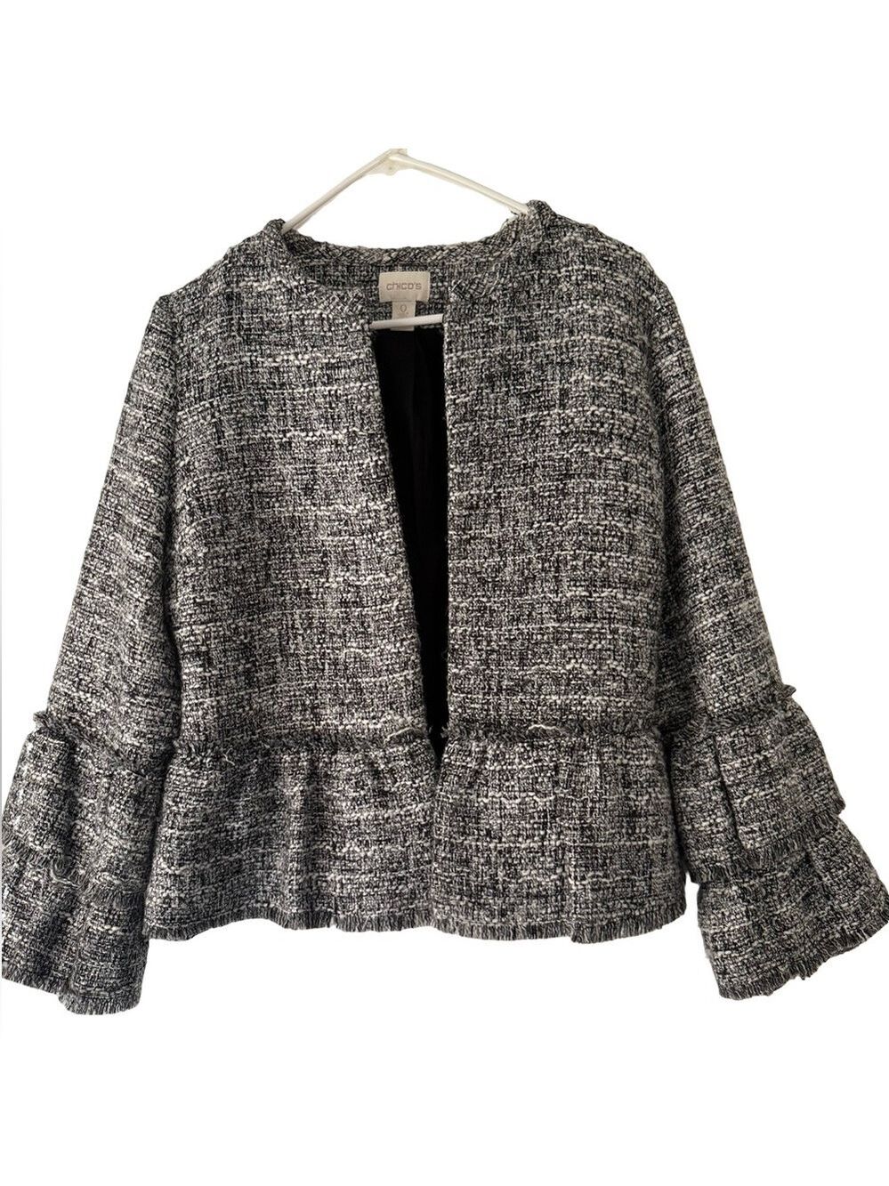 CHICOS Tier Raw Edge Peplum Black and White Tweed Jacket Sz Small Medium Large 0